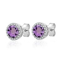 Sterling Silver Amethyst Stud Earrings with CZ Halo